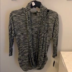 Grey blouse with scarf.